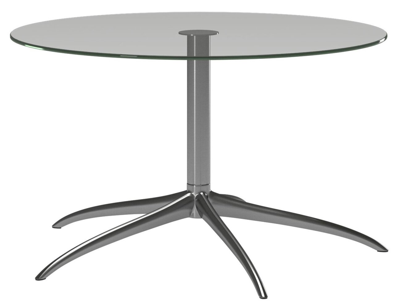 Moderner runder Couchtisch mit Glasplatte und metallischem Standfuß, seitliche Perspektive