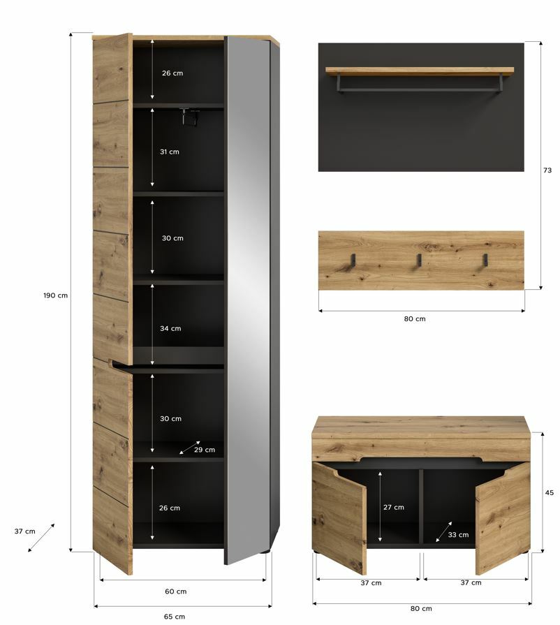 Garderobenkombination aus Holz mit Spiegel, bestehend aus einem hohen Schrank mit mehreren Fächern, einer Wandgarderobe mit Haken und einem Schuhschrank, Frontansicht.