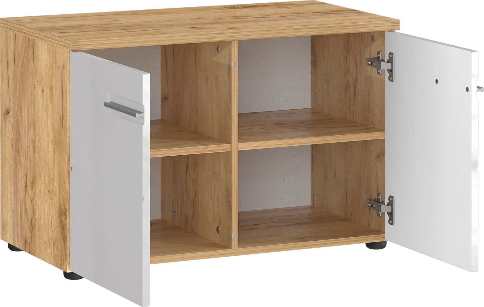 MID.YOU Schuhbank ALEDO Schuhbank aus Holz mit zwei offenen Türen, vier Fächern und einer natürlichen Holzoptik, Perspektive von vorne.