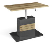 Moderner Couchtisch mit höhenverstellbarer Holzplatte und stabilem Metallfuß, seitliche Perspektive