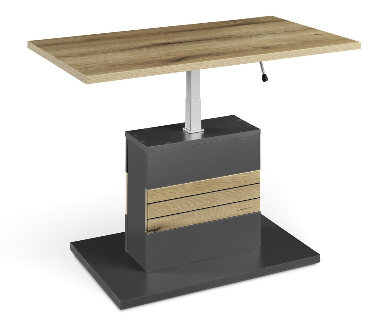 Moderne salontafel met in hoogte verstelbaar houten blad en stevig metalen onderstel, zijaanzicht