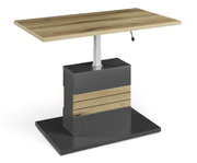 Moderner Couchtisch mit höhenverstellbarer Holzplatte und stabilem Metallfuß, seitliche Perspektive