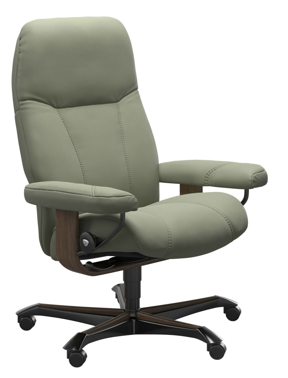 Moderner Chefsessel in hellgrünem Leder mit Holz- und Metallakzenten, seitliche Perspektive