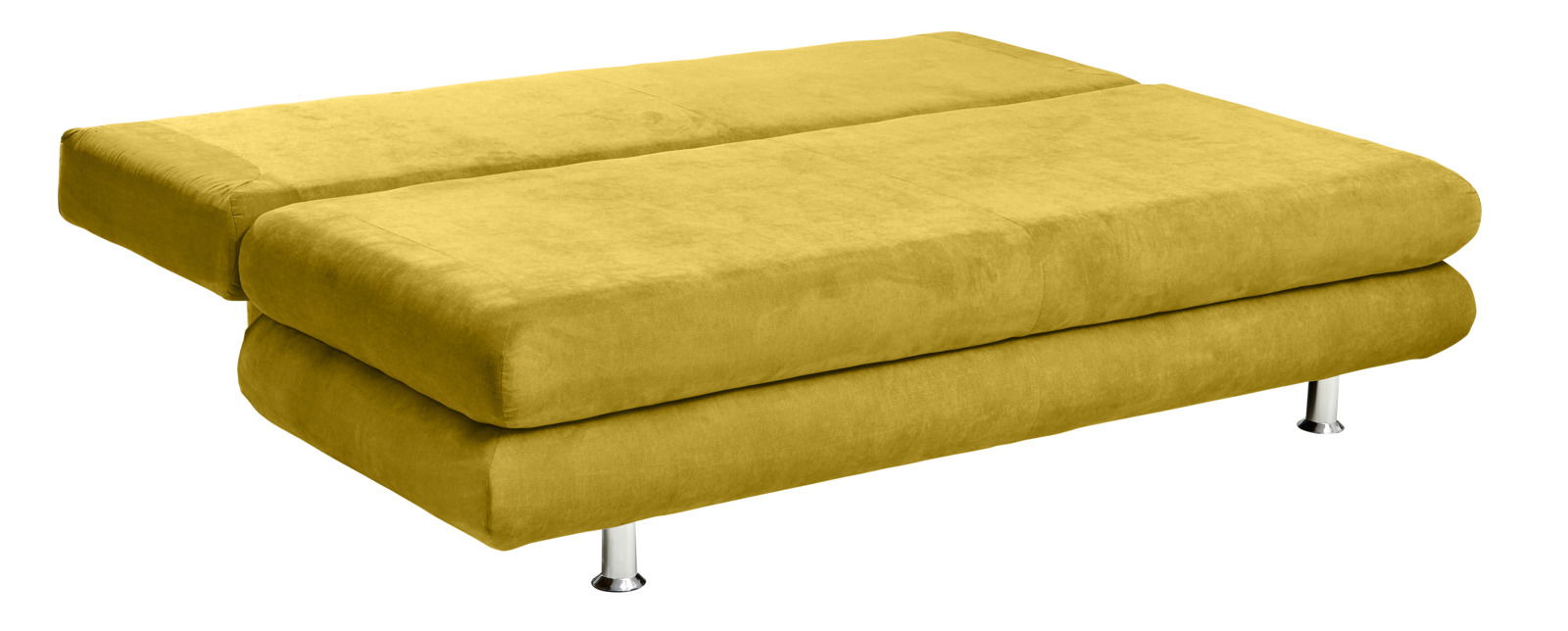 Gelbes Funktionssofa in seitlicher Perspektive mit Metallfüßen