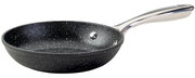 Aluminium-Pfanne mit 20 cm Durchmesser, schwarze Antihaftbeschichtung mit weißen Sprenkeln, seitliche Perspektive mit sichtbarem Griff aus Edelstahl.