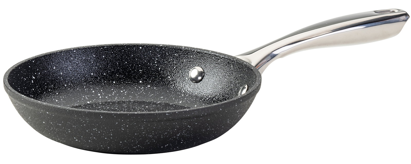 Aluminium-Pfanne mit 20 cm Durchmesser, schwarze Antihaftbeschichtung mit weißen Sprenkeln, seitliche Perspektive mit sichtbarem Griff aus Edelstahl.