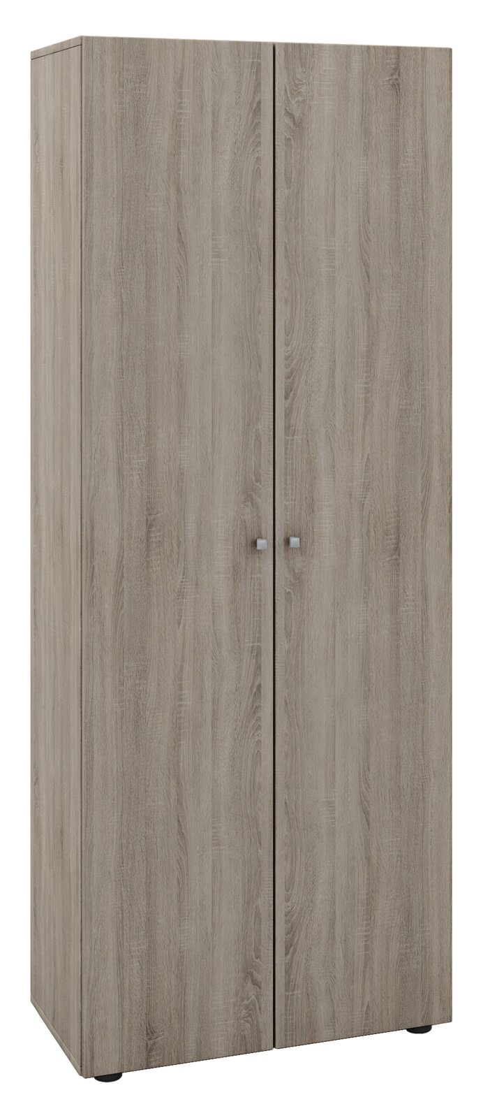 VCM Mehrzweckschrank VANDOL Zweitüriger Kleiderschrank in heller Eichenholz-Optik mit zwei kleinen silberfarbenen Knäufen, freistehend auf schwarzen Füßen, in leicht schräger Frontansicht (3/4-Perspektive)