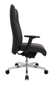 Seitenansicht eines XL-Drehstuhls mit hoher Rückenlehne und Armlehnen, auf einem stabilen Metallfuß mit Rollen.