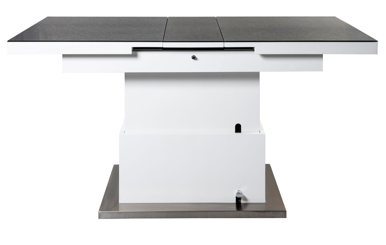 Moderner Couchtisch mit weißem Sockel und dunkler Tischplatte, seitliche Perspektive.