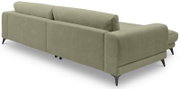 Olivgrünes Ecksofa mit Recamiere/Chaiselongue, Stoffbezug und schwarzen konischen Füßen, Ansicht schräg von hinten rechts