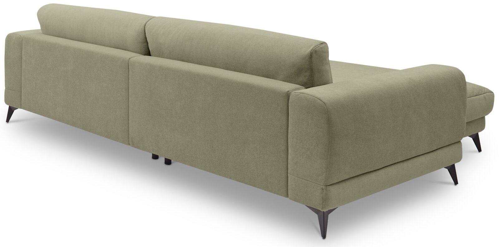 Olivgrünes Ecksofa mit Recamiere/Chaiselongue, Stoffbezug und schwarzen konischen Füßen, Ansicht schräg von hinten rechts