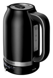 Schwarzer KitchenAid Wasserkocher mit 1,7 Liter Fassungsvermögen, seitliche Ansicht mit Temperaturanzeige und Griff.