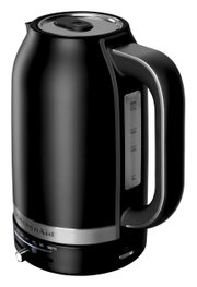 Schwarzer KitchenAid Wasserkocher mit 1,7 Liter Fassungsvermögen, seitliche Ansicht mit Temperaturanzeige und Griff.