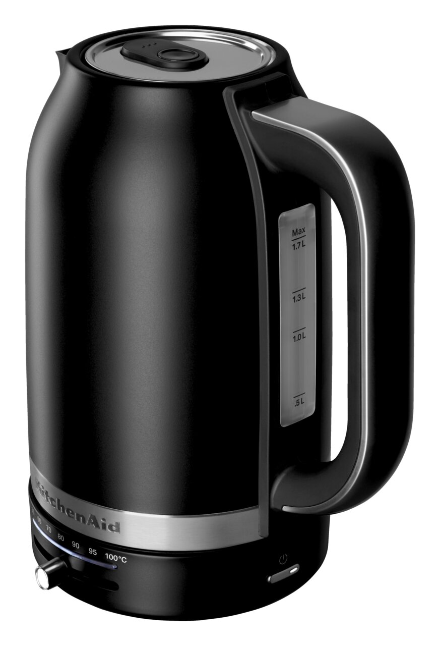 Zwarte KitchenAid-waterkoker met een inhoud van 1,7 liter, zijaanzicht met temperatuurweergave en handvat.