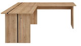 Holzfarbene Ansatzplatte in L-Form, perspektivisch von vorne links gesehen.