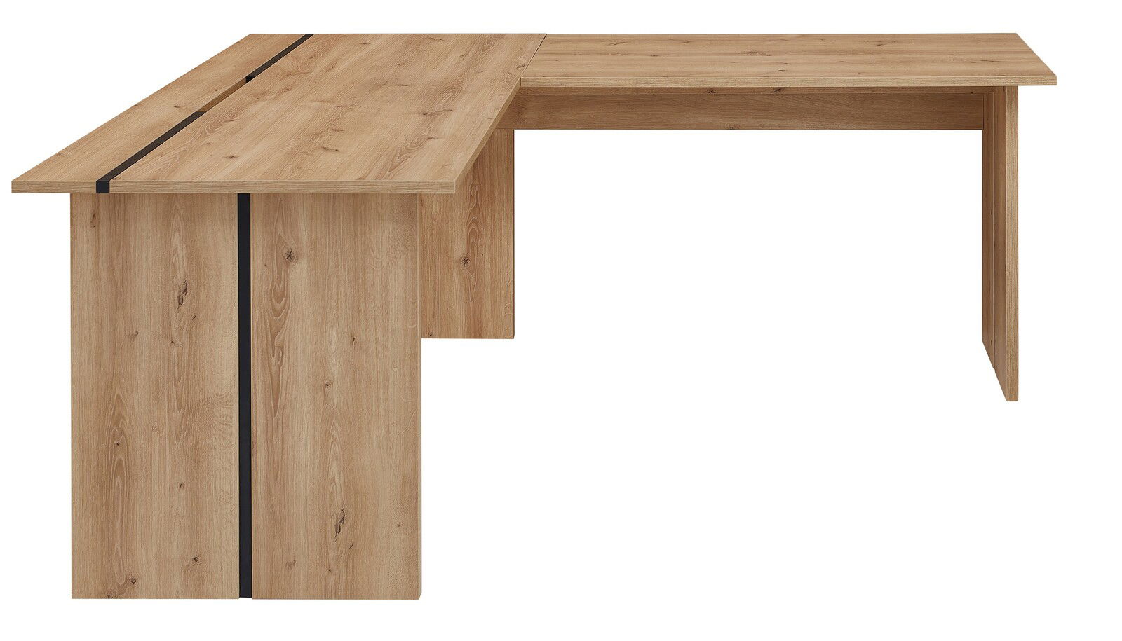 Holzfarbene Ansatzplatte in L-Form, perspektivisch von vorne links gesehen.