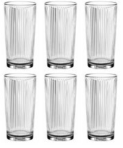 Sechs transparente, geriffelte Becher aus Glas, frontal abgebildet.