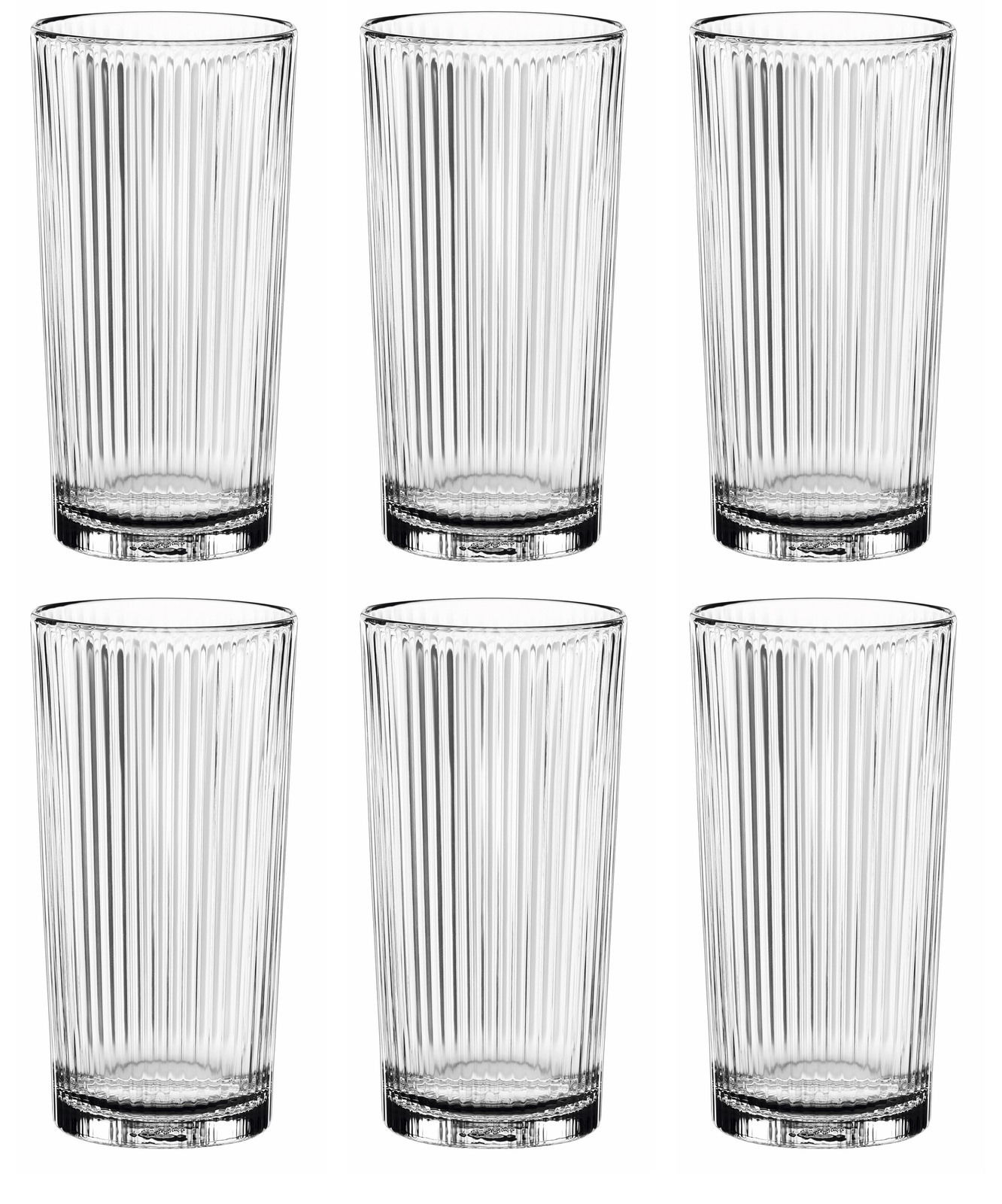 Sechs transparente, geriffelte Becher aus Glas, frontal abgebildet.