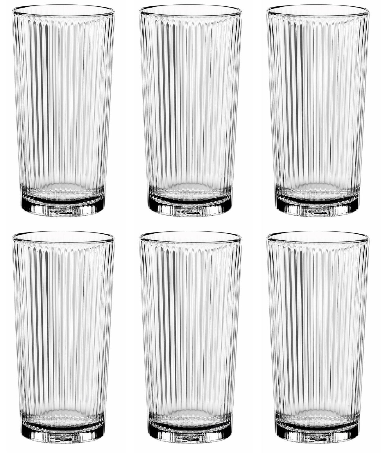 Sechs transparente, geriffelte Becher aus Glas, frontal abgebildet.