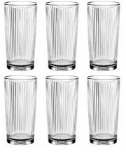 Sechs transparente, geriffelte Becher aus Glas, frontal abgebildet.