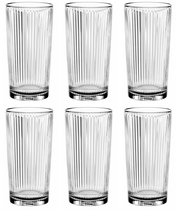 Sechs transparente, geriffelte Becher aus Glas, frontal abgebildet.