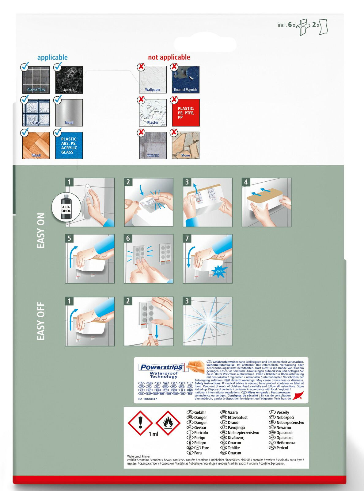 Rückseite einer Verpackung mit Anweisungen zur Anwendung von Klebestreifen, inklusive Oberflächen, auf denen sie anwendbar sind. Perspektive von oben.