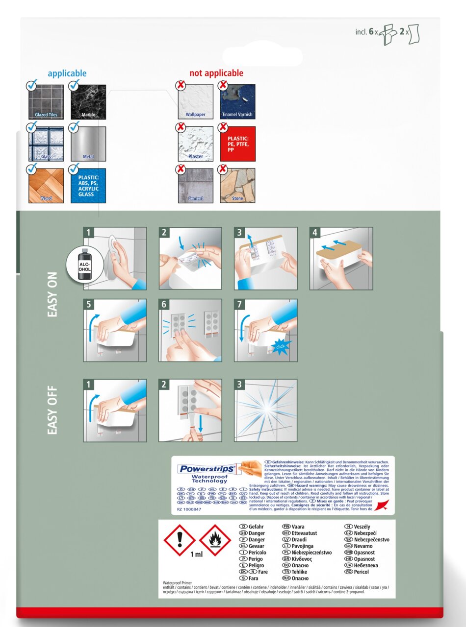Rückseite einer Verpackung mit Anweisungen zur Anwendung von Klebestreifen, inklusive Oberflächen, auf denen sie anwendbar sind. Perspektive von oben.