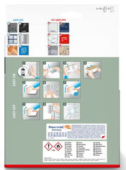 Rückseite einer Verpackung mit Anweisungen zur Anwendung von Klebestreifen, inklusive Oberflächen, auf denen sie anwendbar sind. Perspektive von oben.