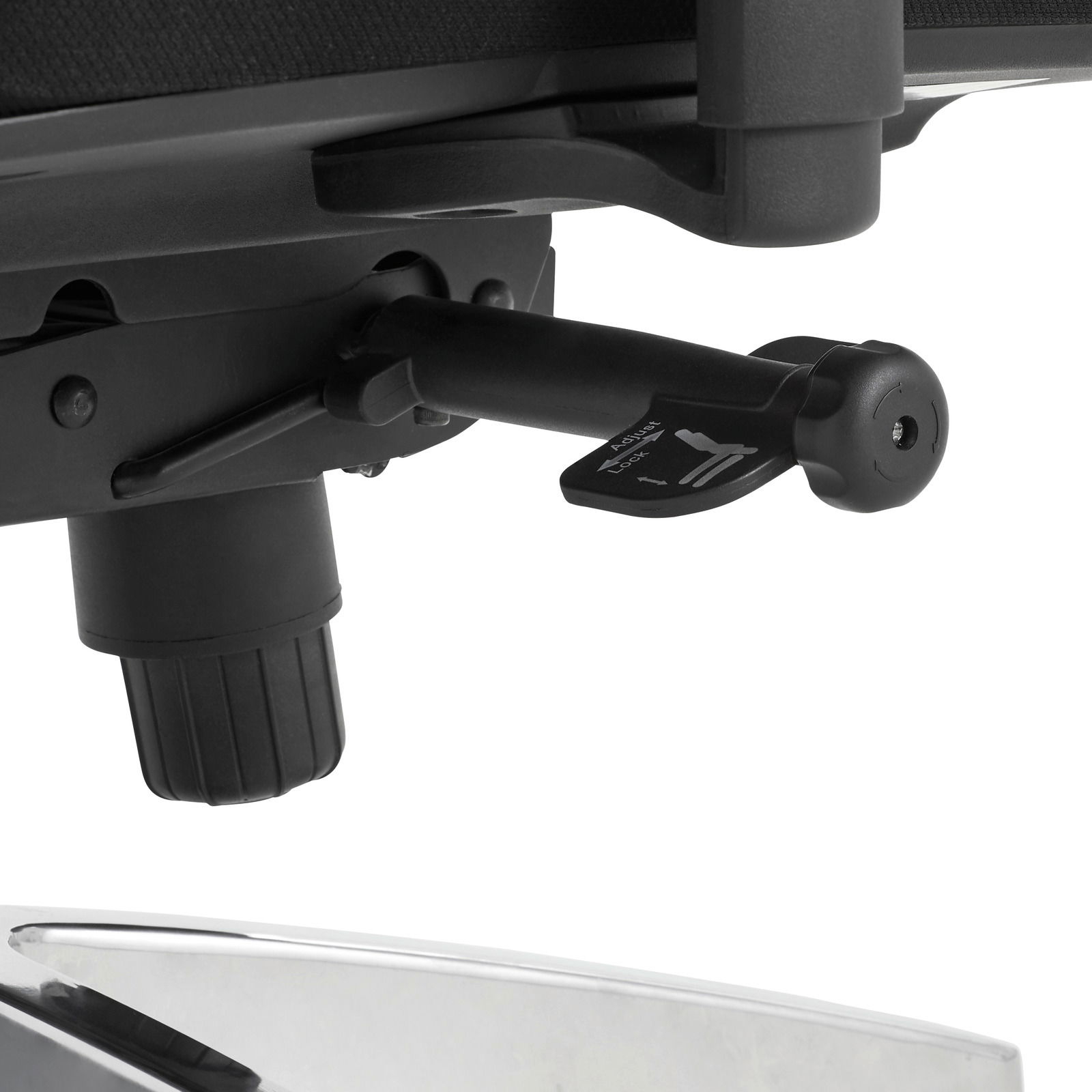 Nahaufnahme eines Drehstuhls mit Fokus auf die Mechanik unter dem Sitz, seitliche Perspektive