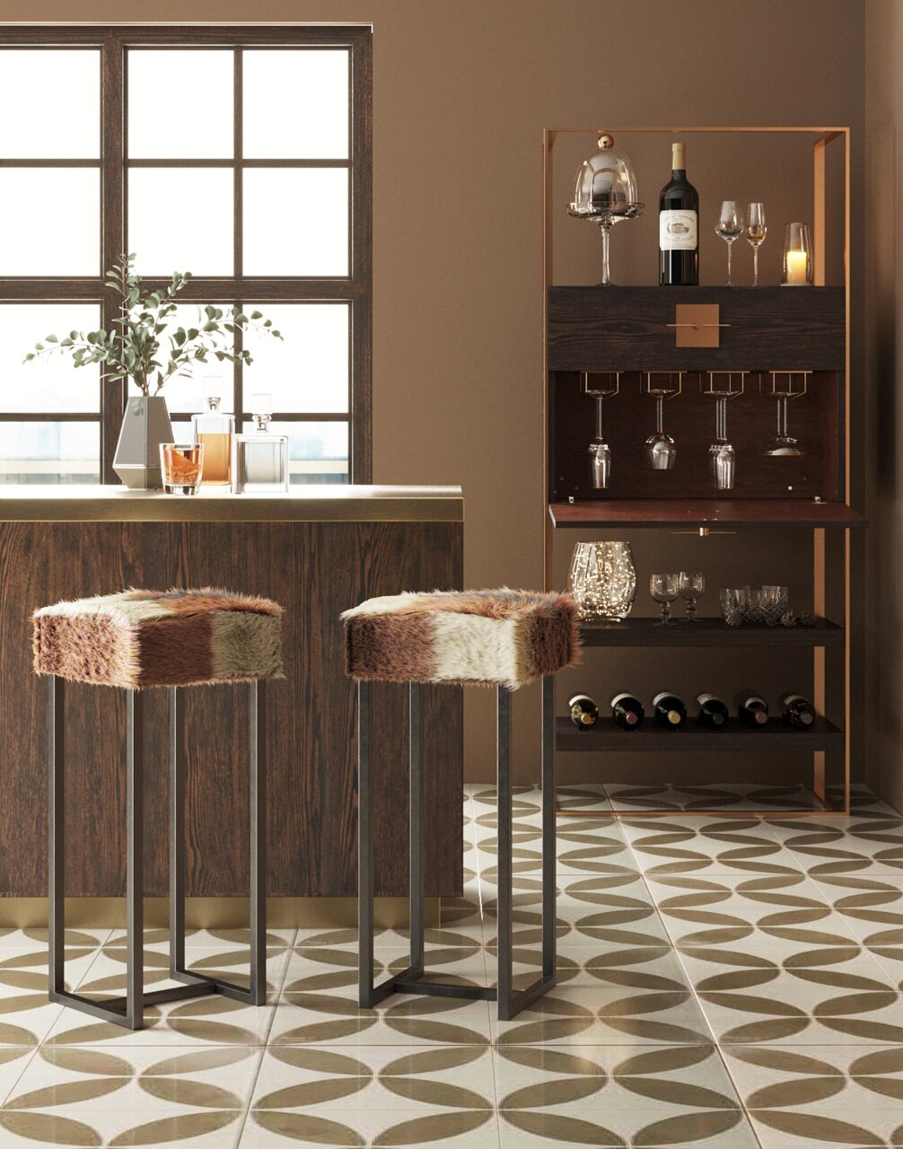 Zwei moderne Hocker mit Fellbezug und Metallgestell in einer stilvollen Barumgebung, seitliche Perspektive.