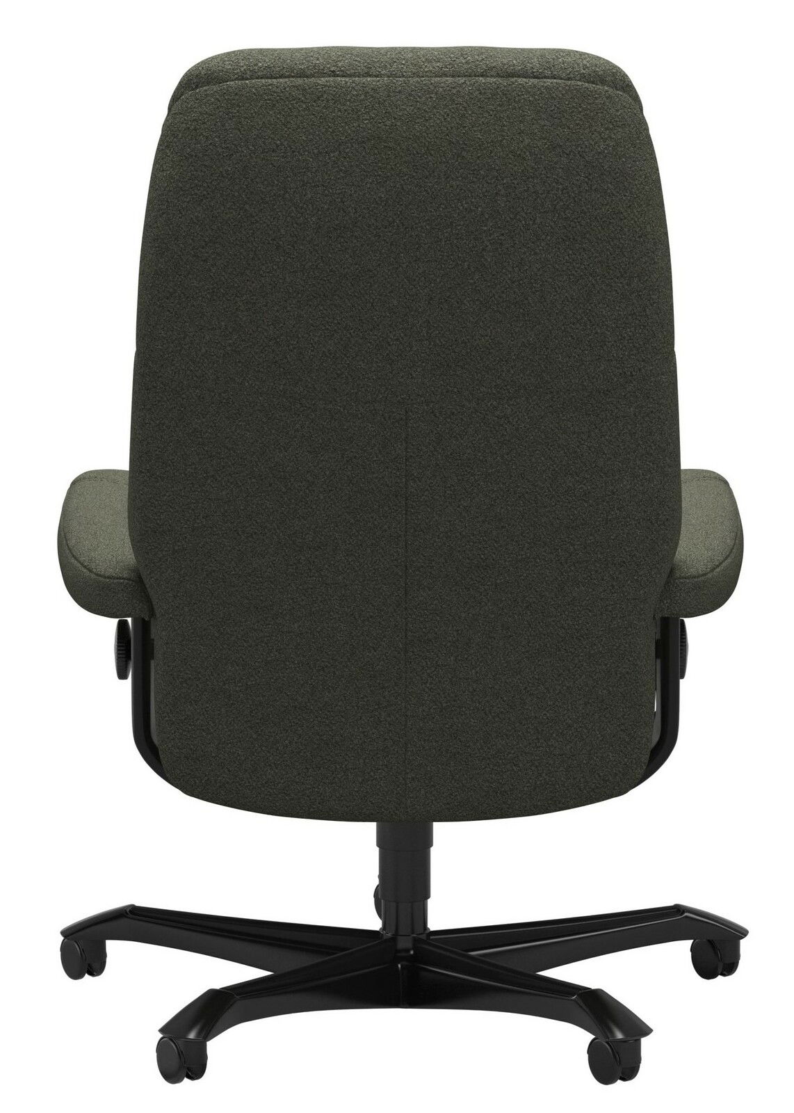 Rückansicht eines grünen Chefsessels mit Rollen und schwarzem Gestell.