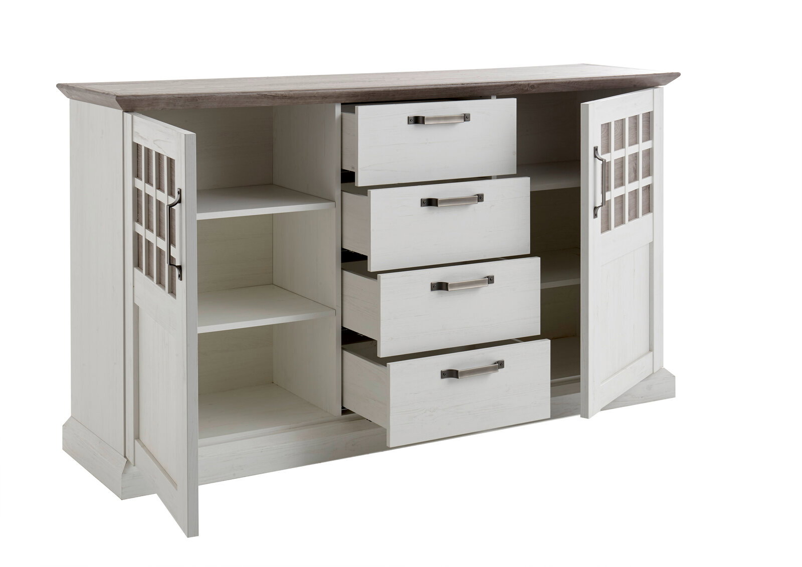 Kommode mit zwei offenen Türen und drei offenen Schubladen, seitliche Perspektive