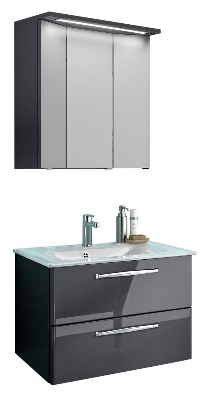 Moderner Badblock mit Spiegelschrank und Waschbecken, Frontalansicht