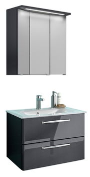 Moderner Badblock mit Spiegelschrank und Waschbecken, Frontalansicht