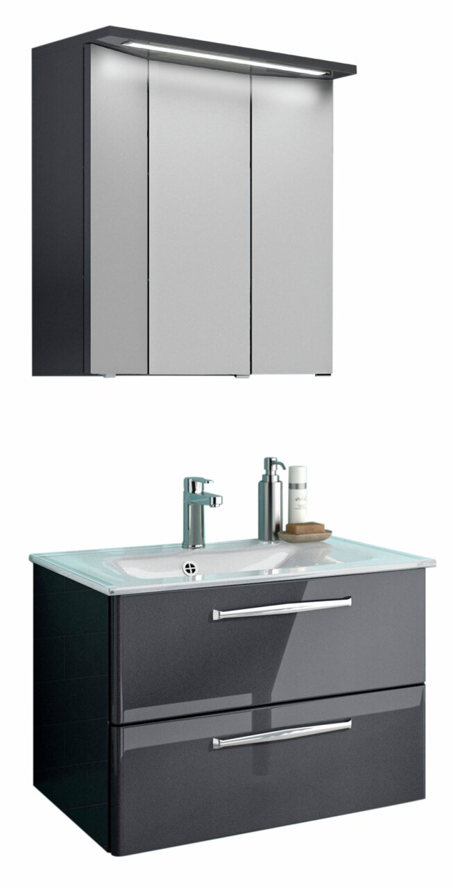 Moderner Badblock mit Spiegelschrank und Waschbecken, Frontalansicht