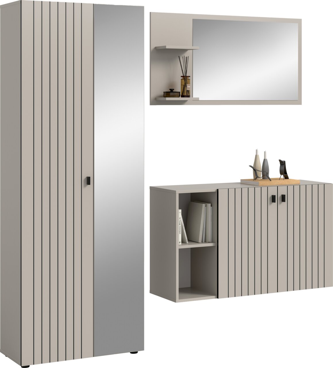 MID.YOU Garderobenkombination STATION Modernes Möbel-Set in Beige/Grau mit vertikaler Lamellenoptik: hoher Schrank, Sideboard mit offenen Regalfächern und Türen sowie großer Wandspiegel mit Ablage, gezeigt in frontaler Ansicht mit leichter Perspektive von rechts.