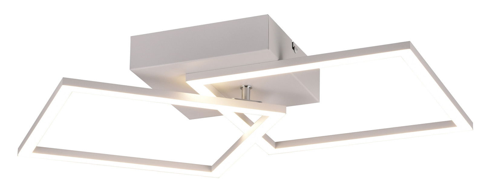 Moderne Deckenleuchte mit zwei überlappenden quadratischen Rahmen, seitliche Perspektive