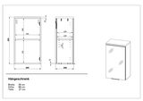 Hängeschrank mit den Maßen Breite 39 cm, Höhe 69 cm, Tiefe 27 cm, Frontansicht und Seitenansicht.