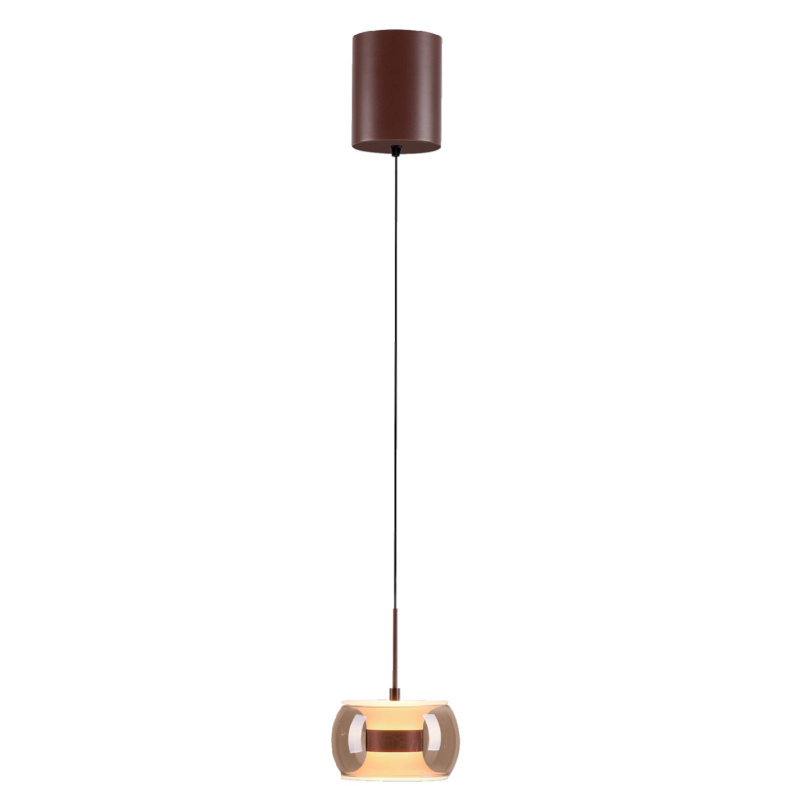 Moderne Pendelleuchte mit zylindrischem Baldachin und langem Kabel, kupferfarbenem Stab sowie rundem, transparentem Glasschirm mit warmem Licht; frontale Ansicht vor grauem Hintergrund.