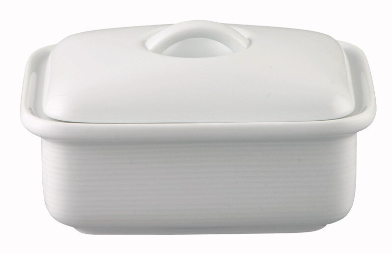 Weiße Butterdose aus Porzellan mit Deckel, seitliche Perspektive