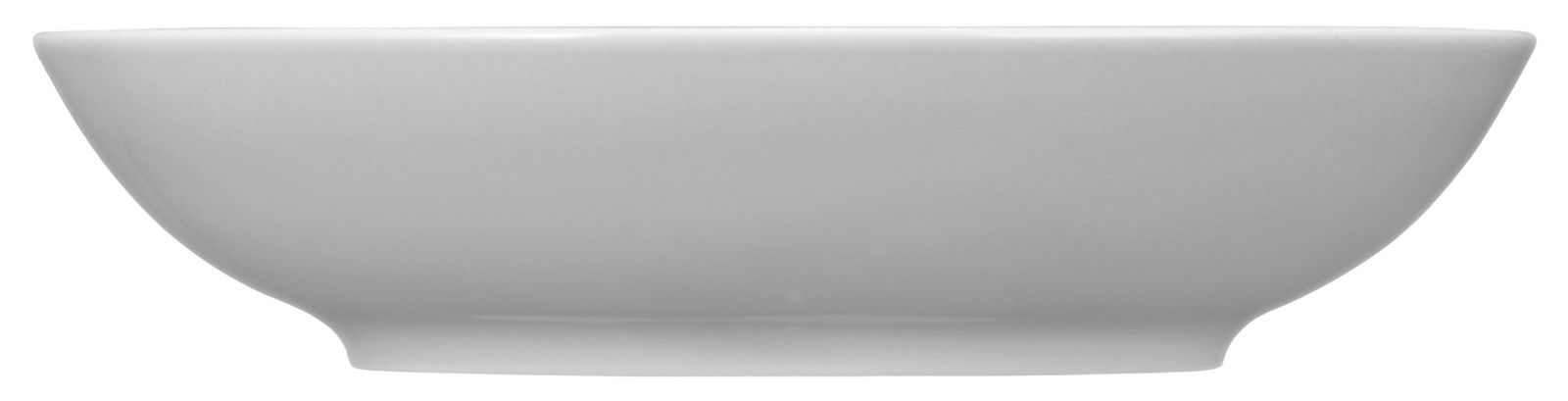 Seitenansicht eines weißen, runden Suppentellers mit schlichtem Design.