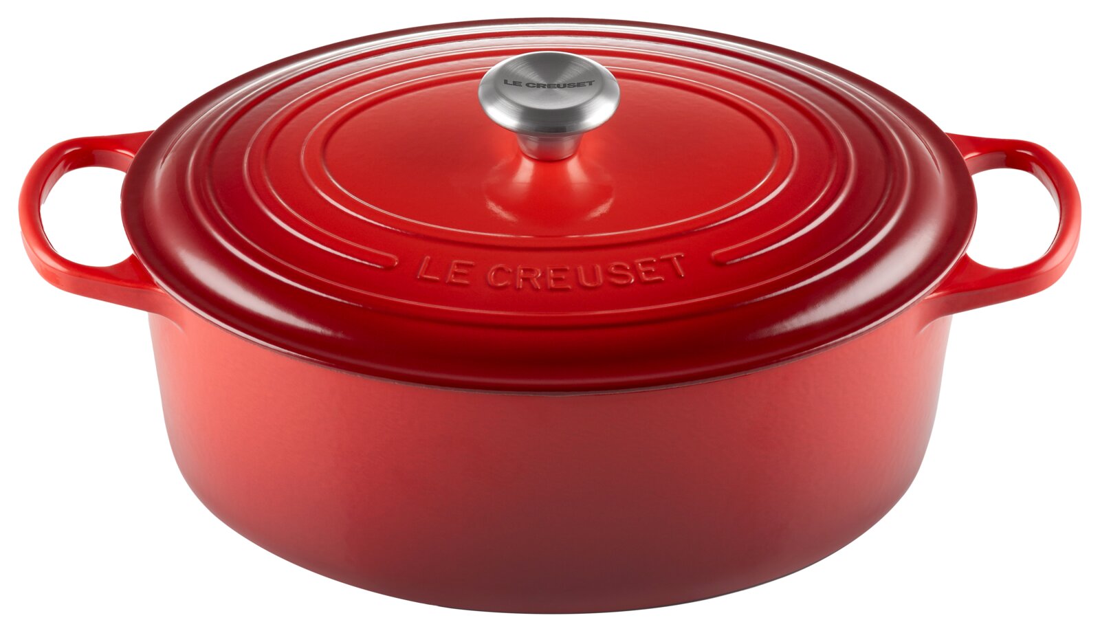 LE CREUSET Bräter kirschrot 33 cm SIGNATURE Roter ovaler Bräter von Le Creuset, Draufsicht