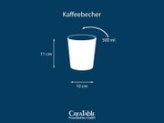 Schematische Frontansicht eines weißen Kaffeebechers (500 ml) mit Maßangaben: Höhe 11 cm, Breite 10 cm, auf blauem Hintergrund.