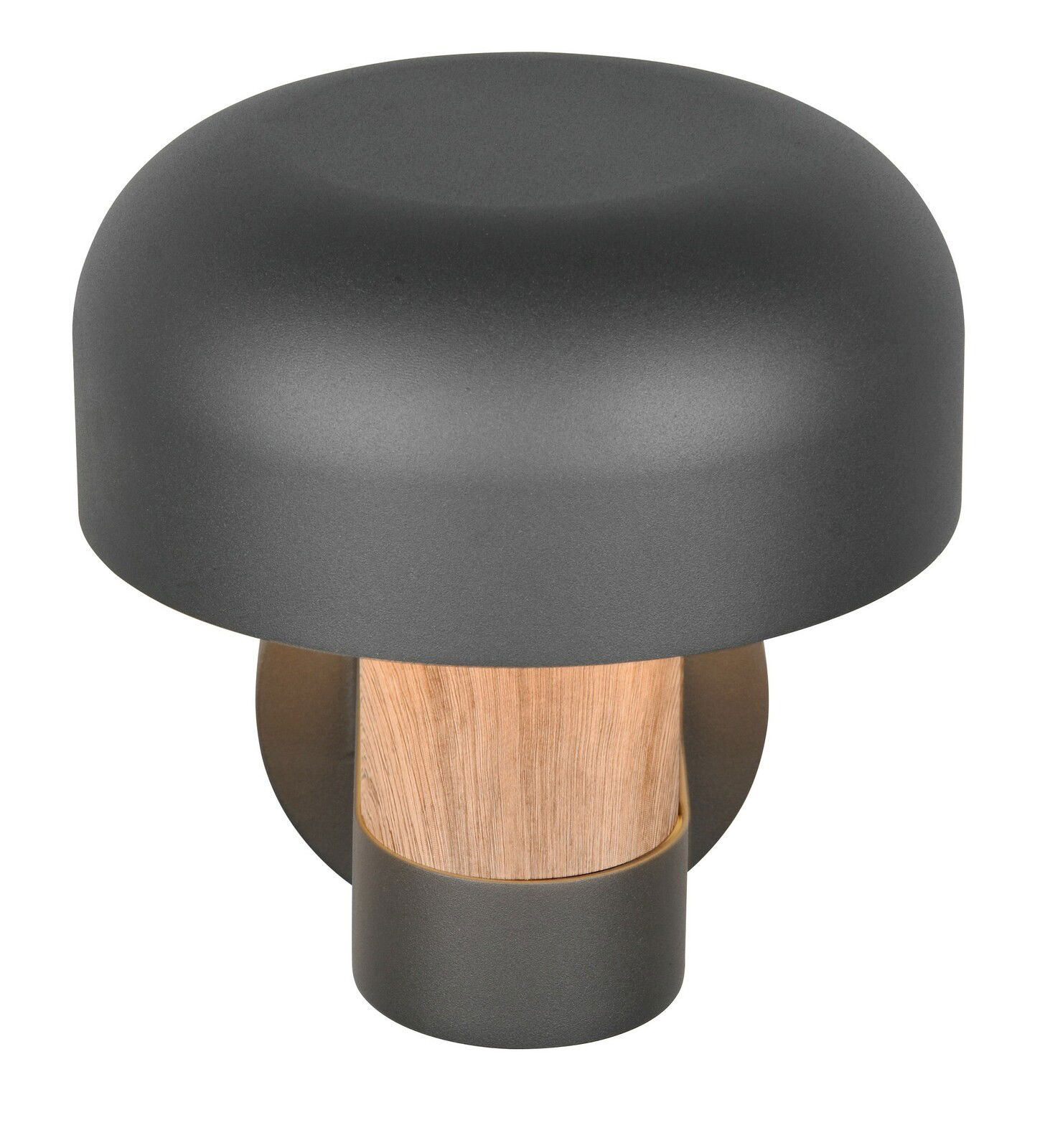 Moderne LED-Außenwandleuchte in dunklem Grau mit Holzdetails, seitliche Perspektive