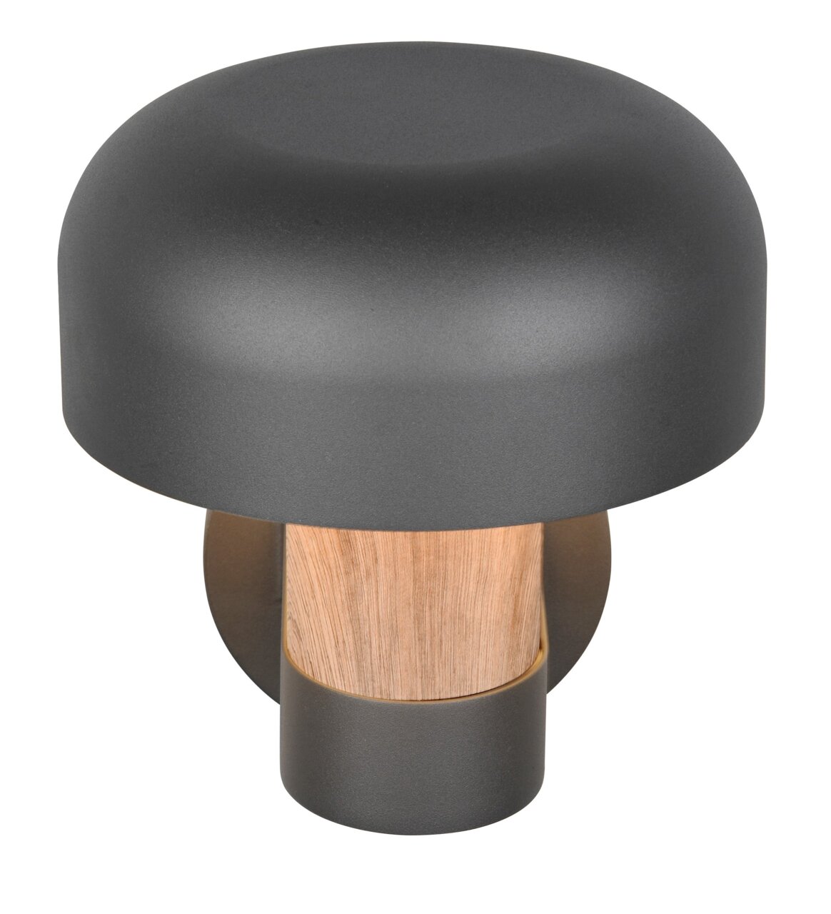 Moderne LED-Außenwandleuchte in dunklem Grau mit Holzdetails, seitliche Perspektive