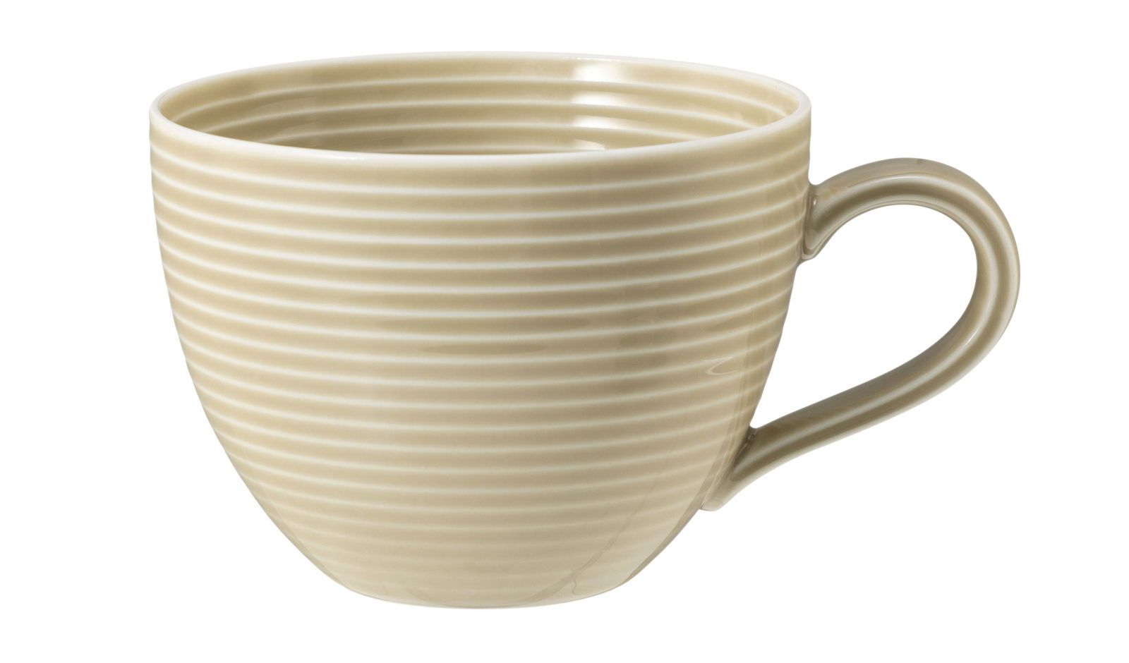 Beige Kaffeetasse mit Reliefmuster, seitliche Perspektive