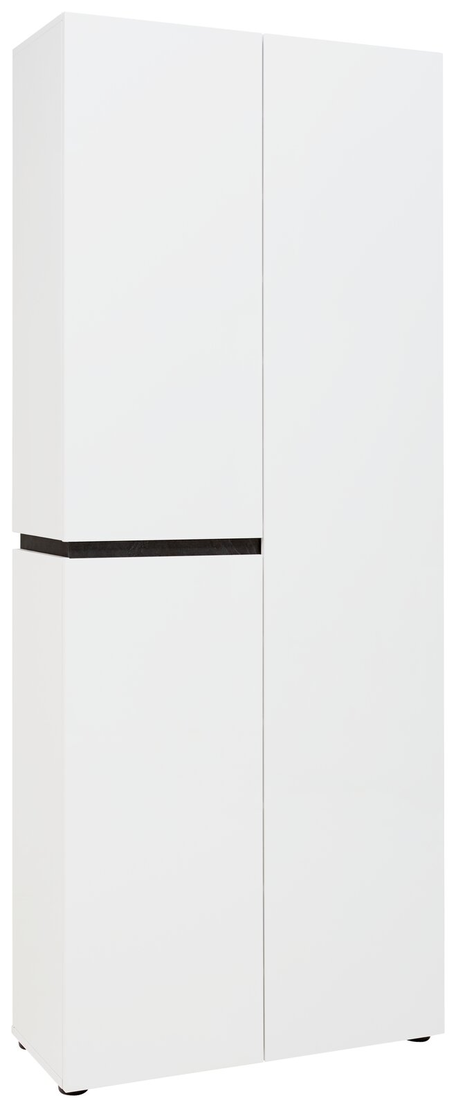 Weißer XL-Schuh- und Mehrzweckschrank mit drei Türen, seitliche Perspektive