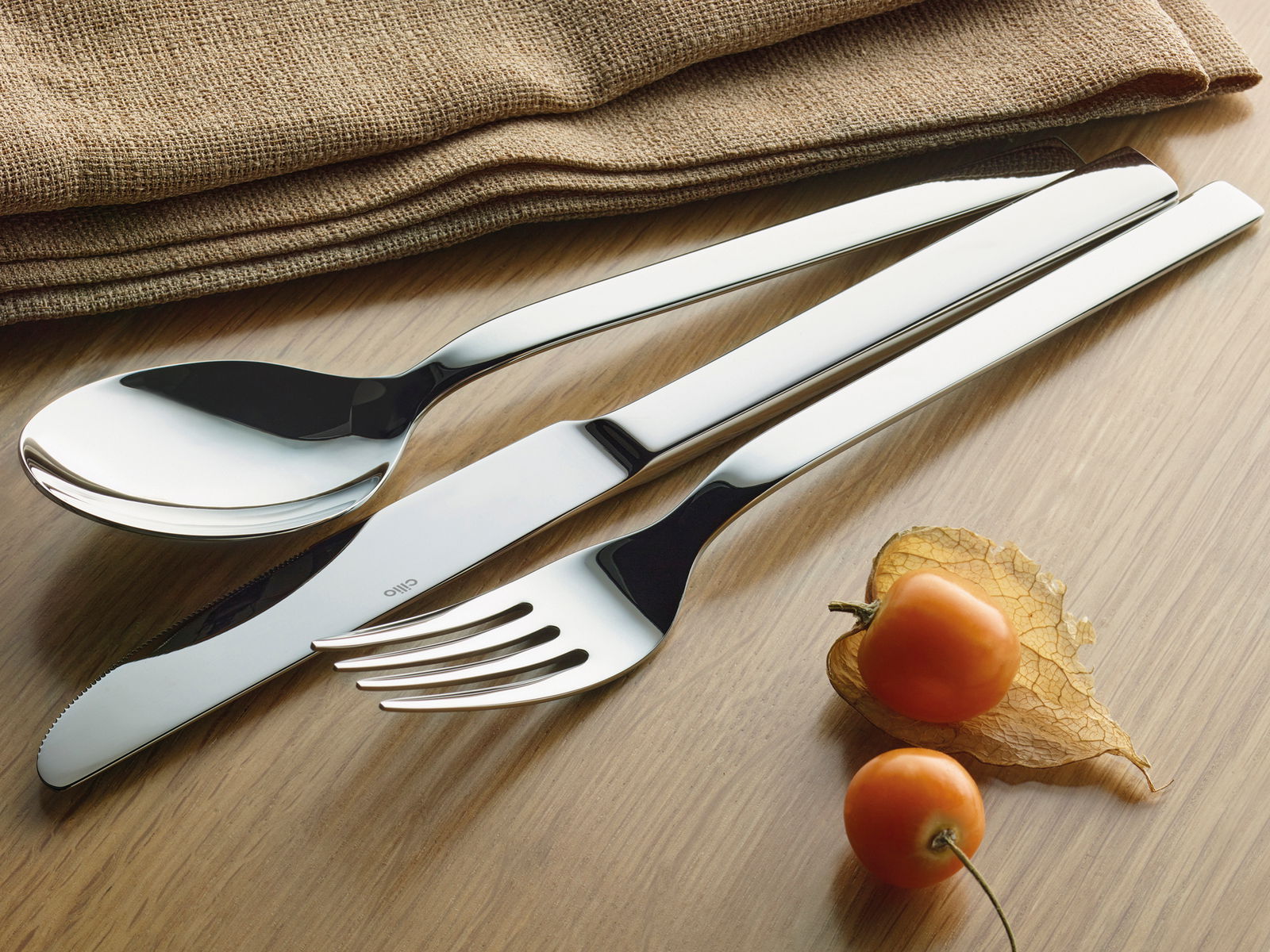 Elegantes Besteck-Set bestehend aus Löffel, Messer und Gabel auf einem Holztisch, mit dekorativen Physalis und Stoffservietten im Hintergrund, aus der Vogelperspektive fotografiert.