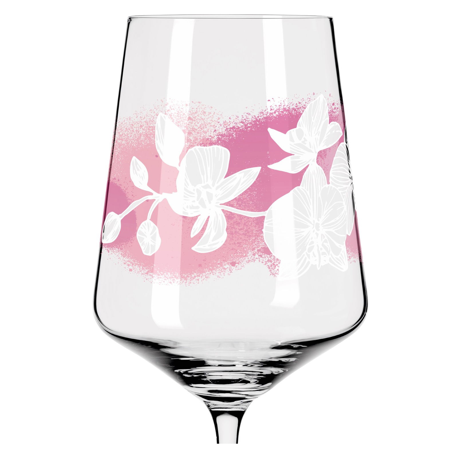 Weinglas mit rosa und weißen Blumenmuster, seitliche Perspektive