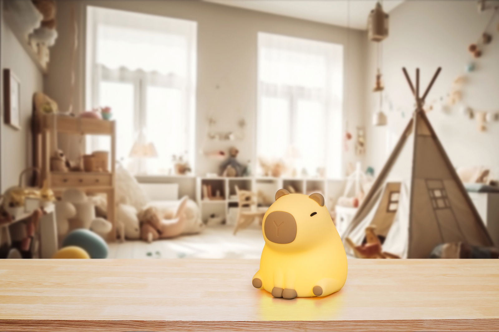 Niedliches Akku-Nachtlicht in Form eines sitzenden Tieres auf einem Tisch, mit einem gemütlichen Kinderzimmer im Hintergrund, Frontalansicht.